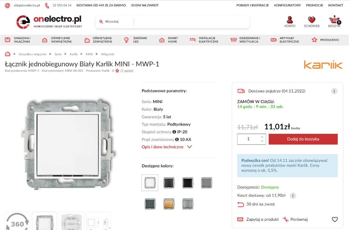 karta produktu z komunikatem o podwyzce cen w sklepie onelectro.pl